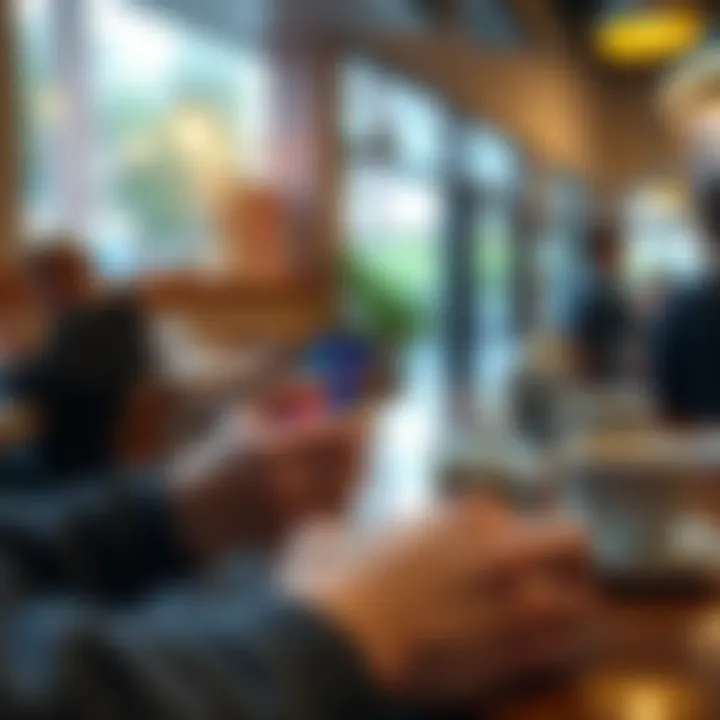 A person using their phone to send money through Cake Wallet in a coffee shop setting