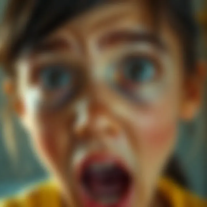 A close-up of a girl with wide eyes and an open mouth, showing fear and surprise, capturing a moment of shock.
