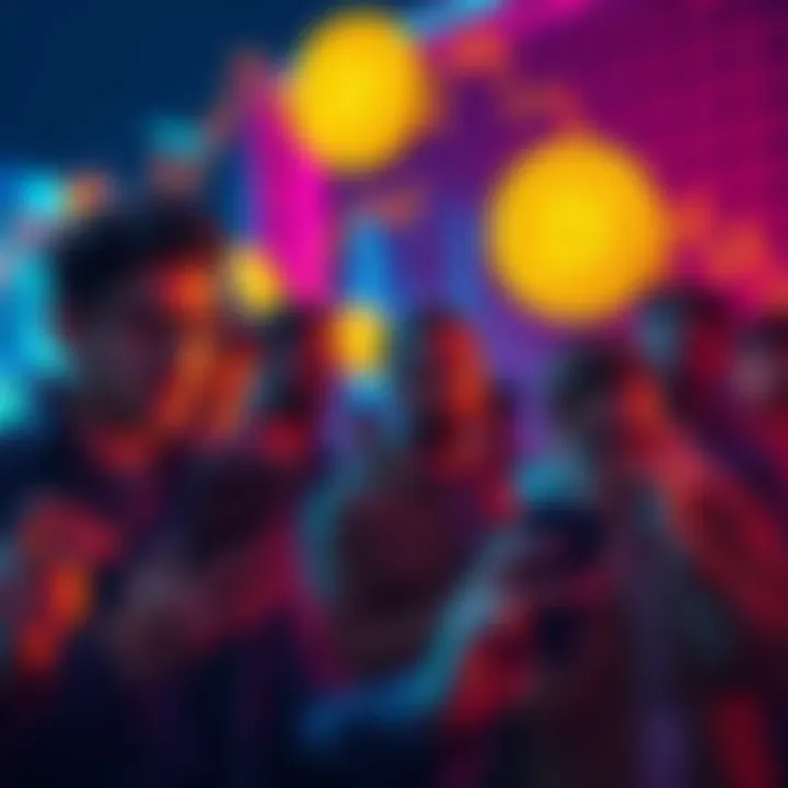 People buying Bitcoin during a market dip A group of people excitedly watching crypto prices on their devices, considering buying more Bitcoin as prices drop.