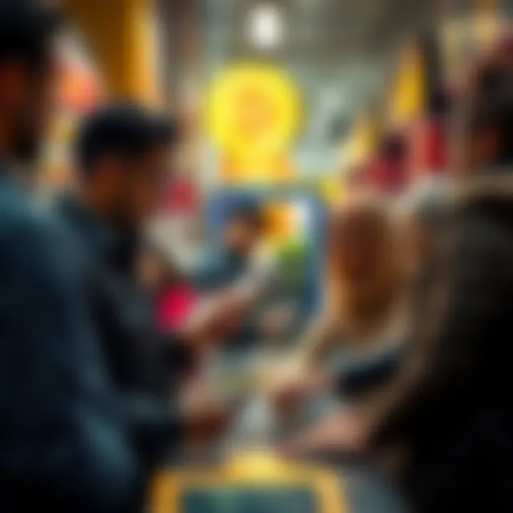 A group of diverse people making purchases with Bitcoin at various stores