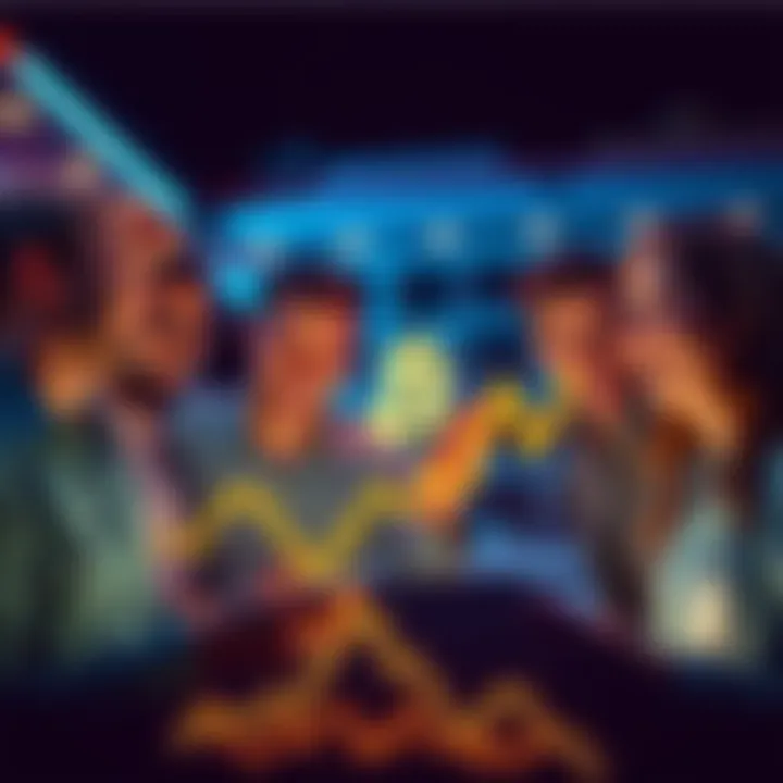 A group of people smiling and discussing investment strategies while looking at a graph showing Bitcoin's decline