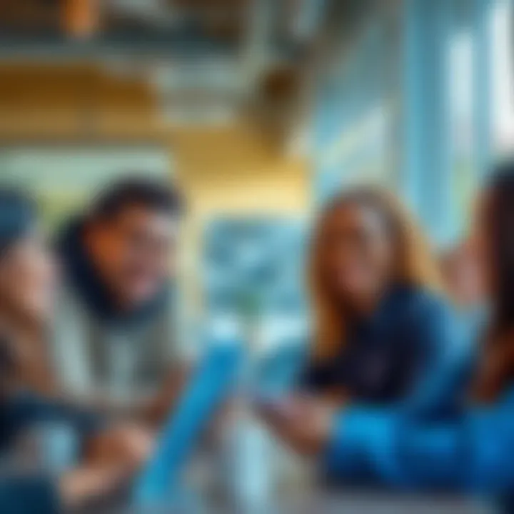 A group of diverse people engaging in video and text chats on the Vooz platform, smiling and interacting with each other.