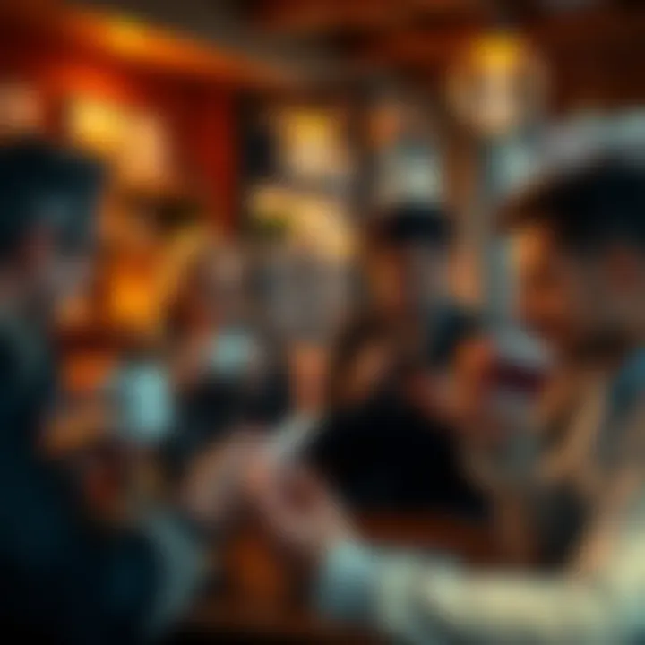 Group of people gathered at a cozy cafe, sipping coffee while looking at their phones, excited about potential market changes