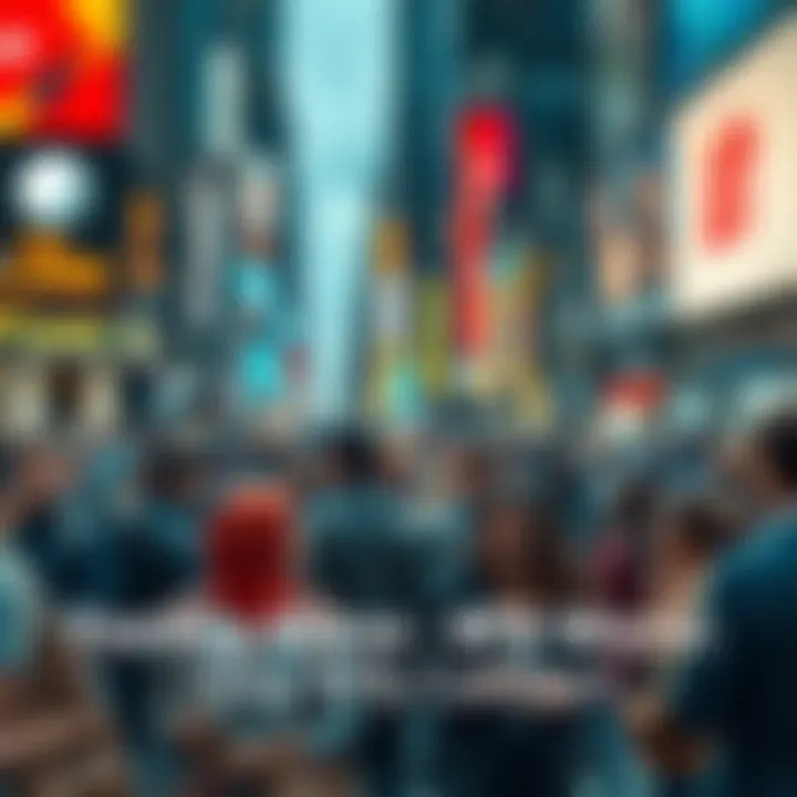 A diverse group of people in an urban setting, some talking and others looking at their phones, symbolizing the feeling of isolation amidst a busy world.