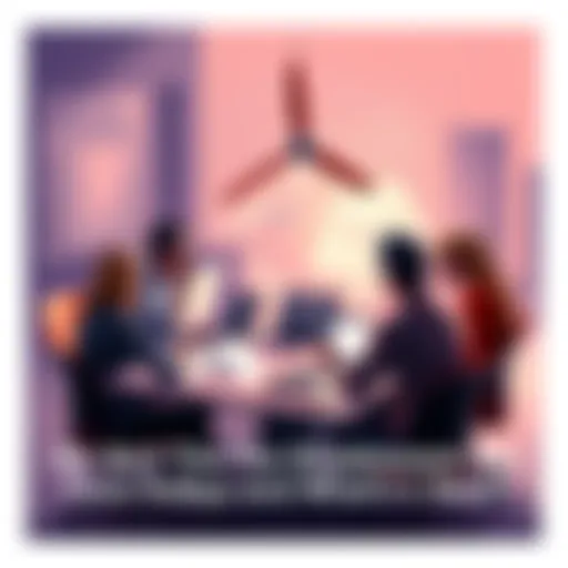 A group of people discussing various choices to solve current challenges around a table with papers and laptops.