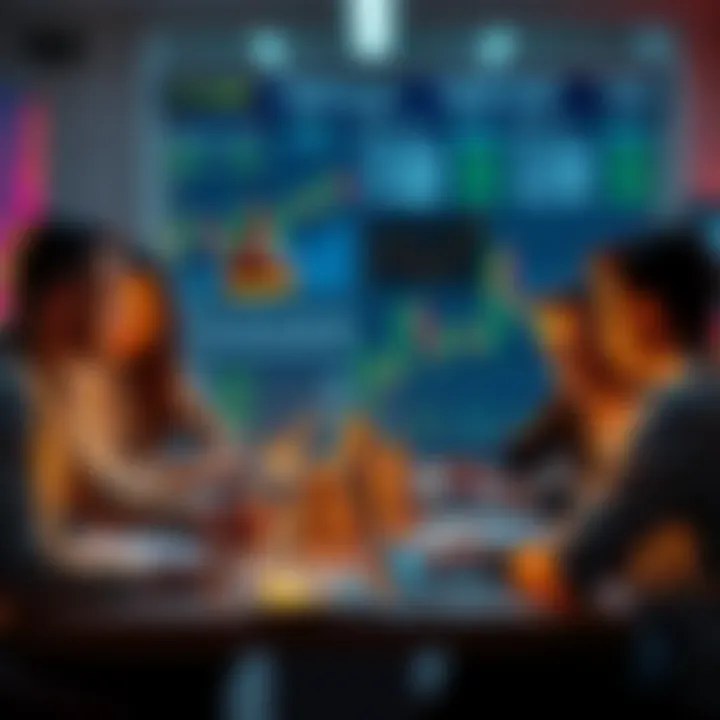 A group of people talking about altcoin strategies with laptops and charts on a table