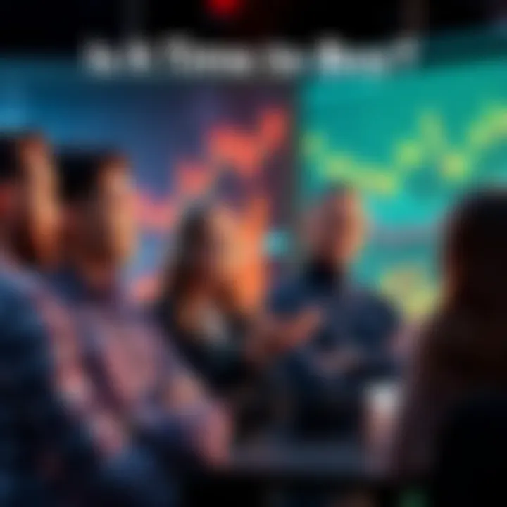 A group of people talking about buying decisions and market trends, with charts and graphs in the background.