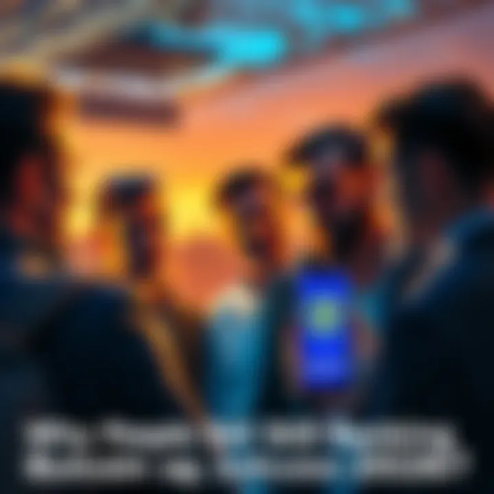 A group of people engaged in a conversation about cryptocurrency, with one person showing a smartphone displaying the buttcoin logo