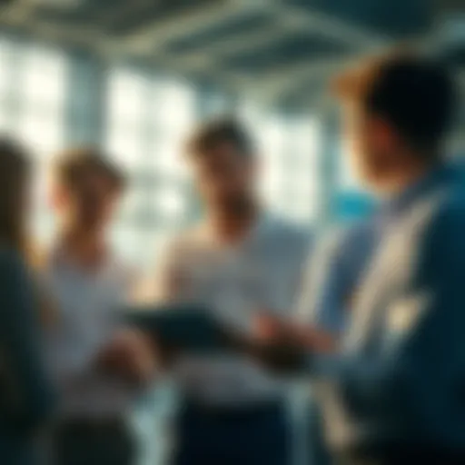 A group of people engaged in conversation about investing strategies and market conditions, some looking at charts on a tablet while others take notes.