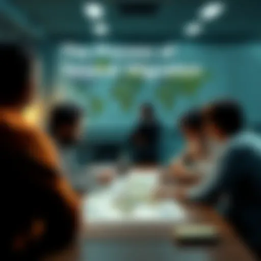 A group of people engaged in a discussion about migration, with maps and notes on a table.