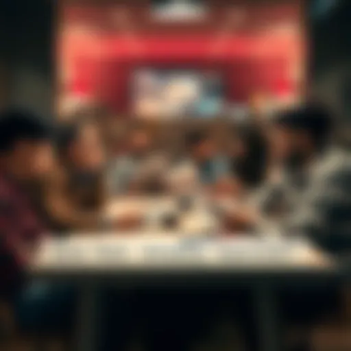 A group of people gathered around a table, engaging in a lively discussion about current news events, with newspapers and digital devices in front of them.