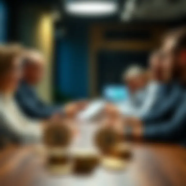 A group of people engaging in a discussion about the importance of reliable currency, with Bitcoin and CBDCs on a table in front of them, symbolizing the debate around sound money.