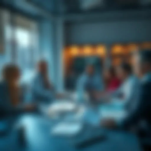 A group of people in a meeting room brainstorming strategic approaches with charts and notes on a table.