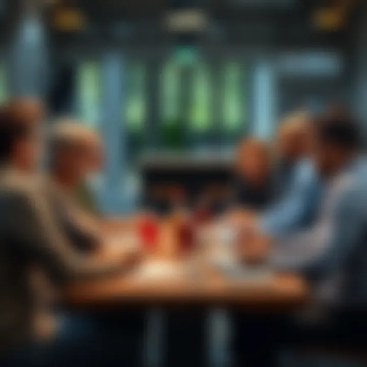 A group of people sitting around a table sharing ideas during a monthly discussion, with notebooks and drinks.