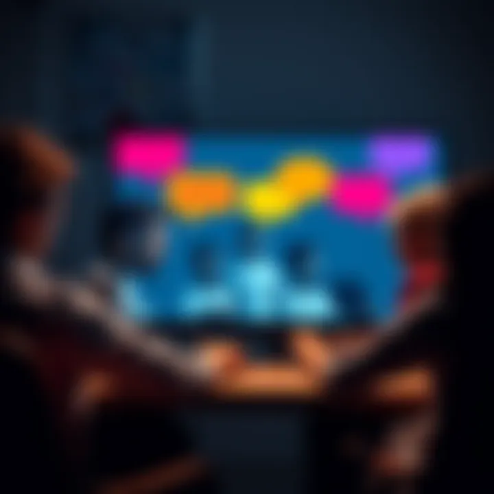 A group of people sharing opinions on a computer with speech bubbles representing different topics