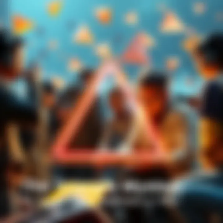 Group of people participating in activities involving triangle shapes and parcels, showcasing unique interests and behaviors.