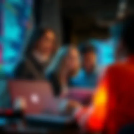 A group of people discussing technology as an alternative to traditional banking, with laptops and coding screens