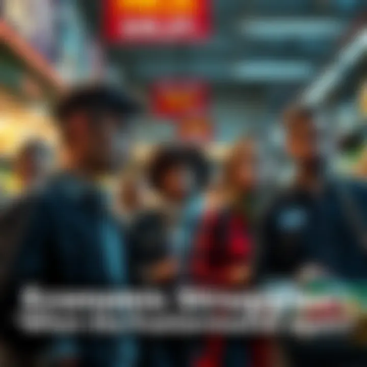 A group of people looking worried while checking prices at a grocery store