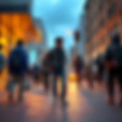 A group of people walking past a homeless person without stopping, highlighting indifference in society.