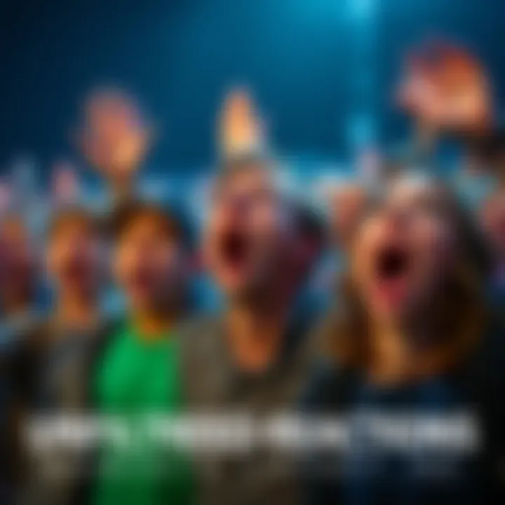 A group of people showing intense reactions of surprise and shock during a surprising event.