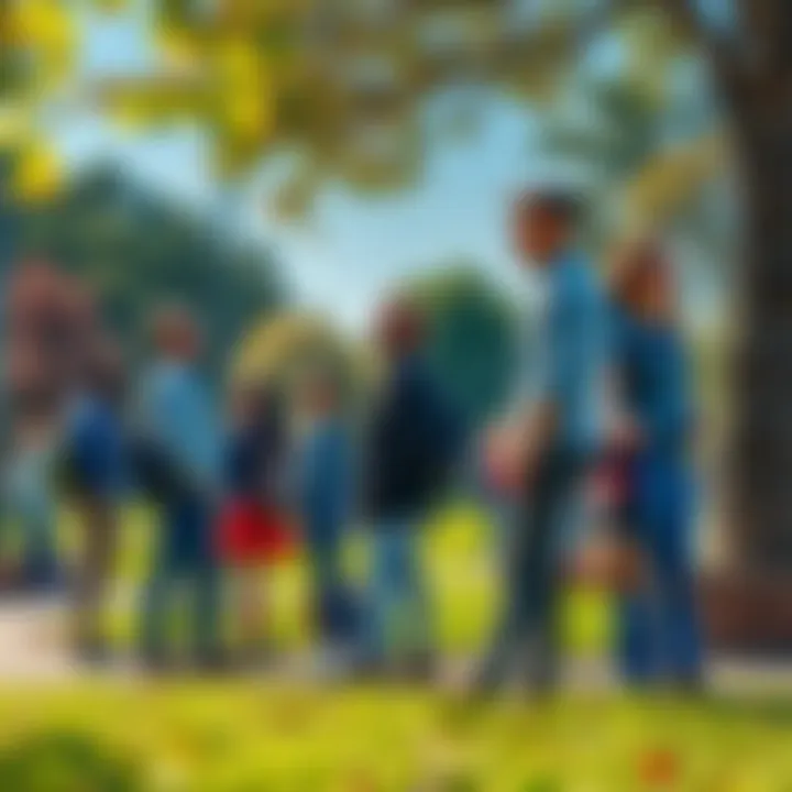 Group of people enjoying a park, talking and connecting with each other, reflecting on modern life challenges