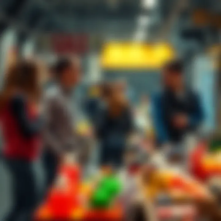 A group of people participating in a garage sale, pricing items low to attract buyers.