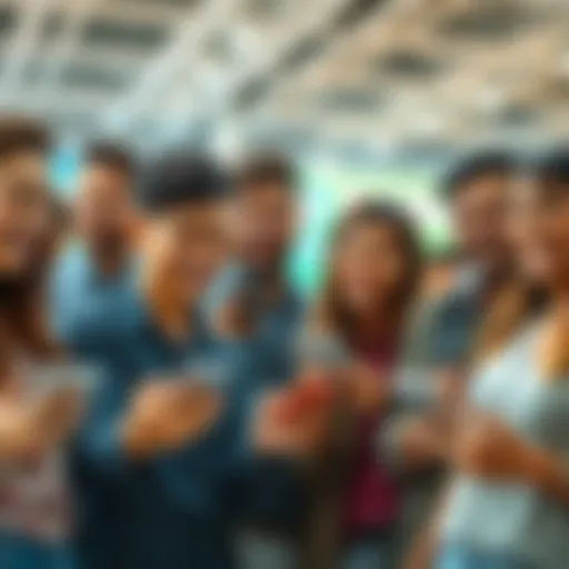A group of happy people holding digital devices, enthusiastically discussing their experiences stacking sats, with smiles on their faces and a sense of community around them.