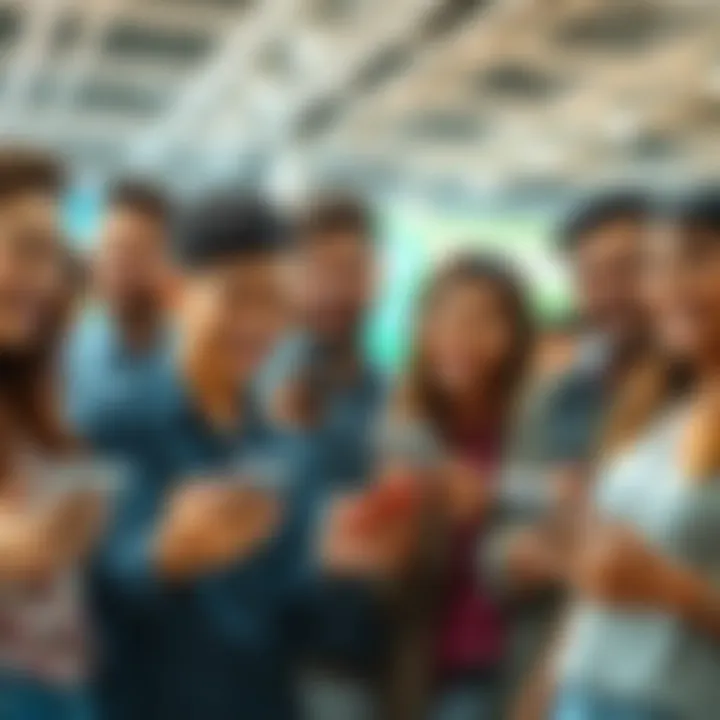 People Stacking Sats Together A group of happy people holding digital devices, enthusiastically discussing their experiences stacking sats, with smiles on their faces and a sense of community around them.