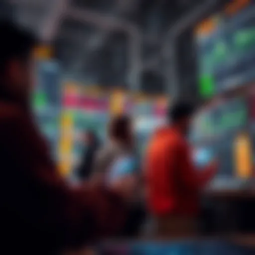 A group of people engaging in trading activities on a digital prediction market platform, analyzing graphs and data for future event outcomes.