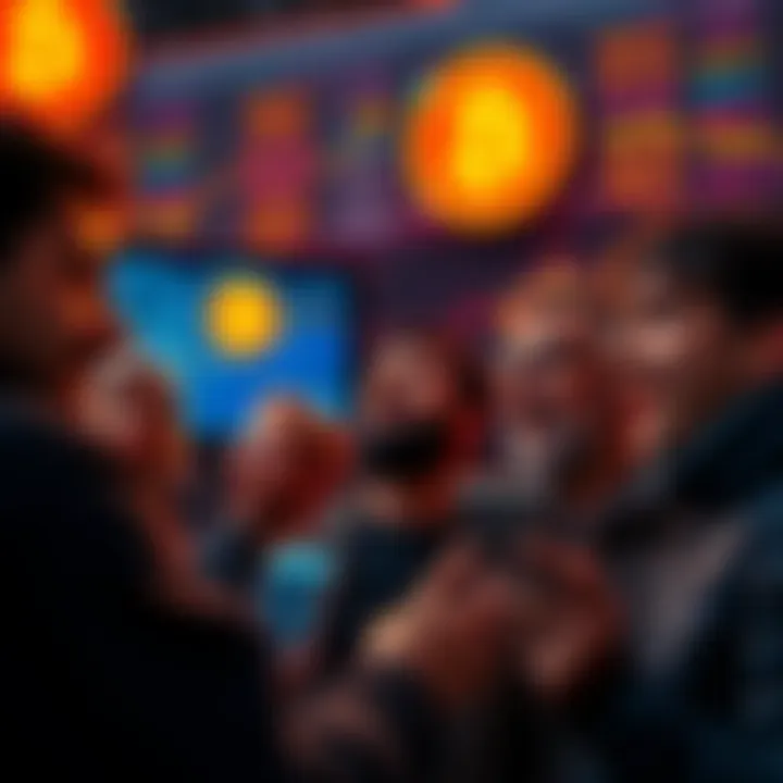A group of people looking at Bitcoin prices on a digital screen while showing expressions of excitement and concern, suggesting panic buying behavior.