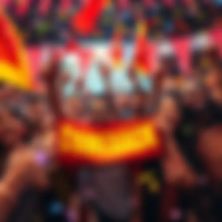 A group of people joyfully celebrating a major comeback event, holding banners and confetti, with smiling faces and an energetic atmosphere.