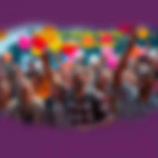 A group of cheerful people gathering with banners and balloons, showing excitement for an upcoming event.