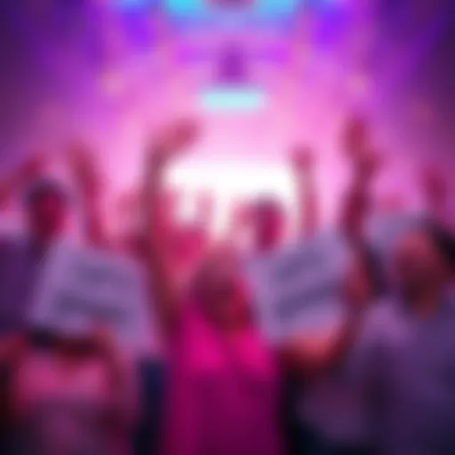 A group of excited people celebrating updates with cheers and smiles, holding signs that read 'Let's goooooo!' in a vibrant atmosphere.