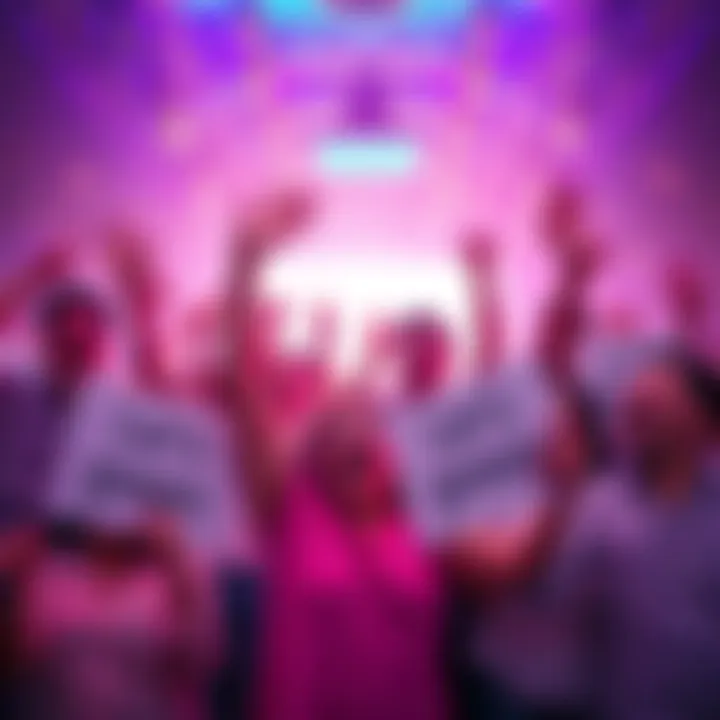 A group of excited people celebrating updates with cheers and smiles, holding signs that read 'Let's goooooo!' in a vibrant atmosphere.