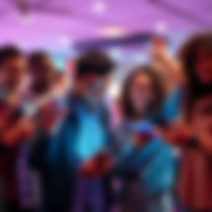People chatting on a smartphone A group of friends discussing a new chat service on their smartphones, showing excitement and curiosity.