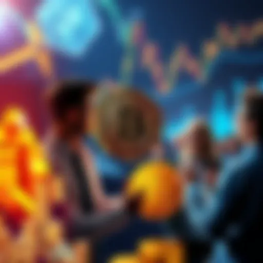 A group of people discussing Bitcoin alongside images of gold, oil, and stock charts, showing diverse investment options.