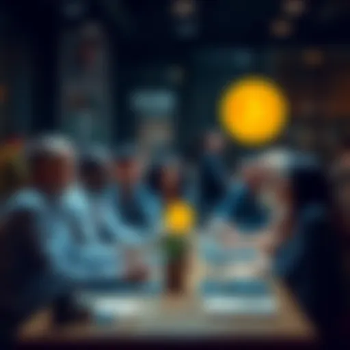A group of diverse people sitting around a table, engaging in a lively discussion about Bitcoin and cryptocurrency.