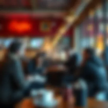 People discussing a challenge Group of people sharing their experiences about a specific challenge at a coffee shop