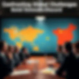 A group of people engaged in a serious discussion about global challenges, with maps and charts representing the USA and China in the background.