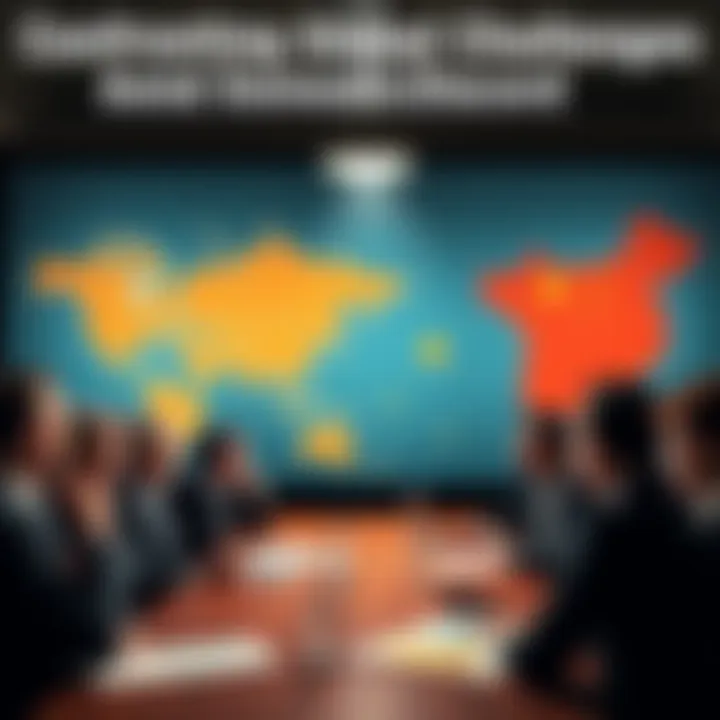 A group of people engaged in a serious discussion about global challenges, with maps and charts representing the USA and China in the background.