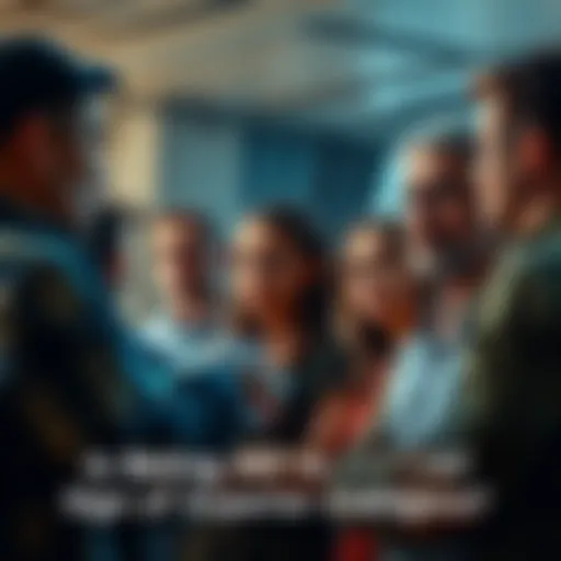 A group of people engaged in a serious discussion about beliefs and projects, with some showing full commitment while others appear skeptical.