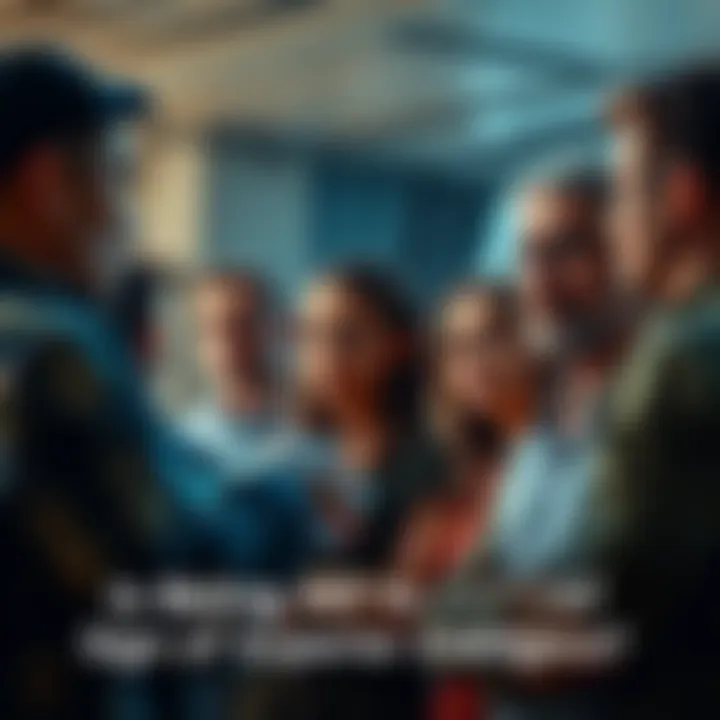 A group of people engaged in a serious discussion about beliefs and projects, with some showing full commitment while others appear skeptical.