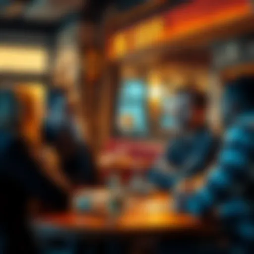 A group of people in a cafe expressing mixed feelings about XRP investment, showcasing strong reactions and conversations about cryptocurrency.