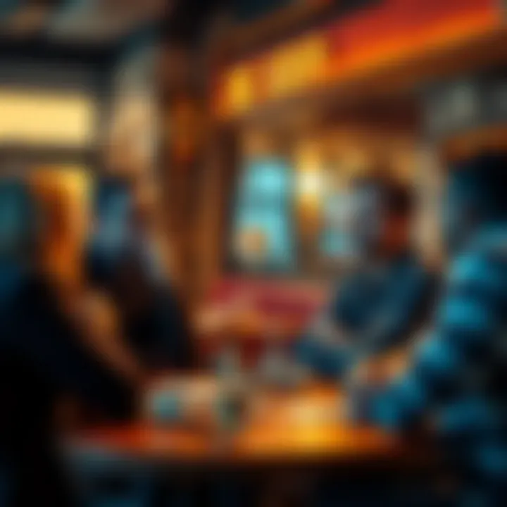 A group of people in a cafe expressing mixed feelings about XRP investment, showcasing strong reactions and conversations about cryptocurrency.