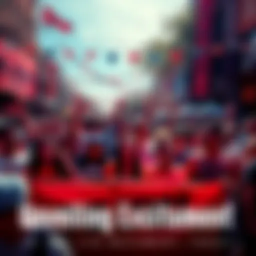 A diverse group of people actively participating in a community event for the LFG movement, showcasing excitement and energy through banners and social interaction.