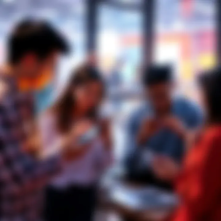 A group of people interacting with DeFi applications on smartphones and laptops, sharing ideas and information in a collaborative environment.