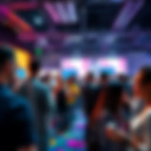 A group of people having conversations at a vibrant event, with some attendees initiating discussions while others listen attentively.