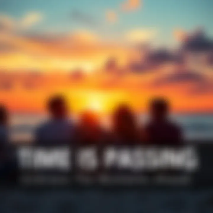A group of friends sitting together on a beach, watching the sunset and smiling, representing the joy of cherishing moments in life.