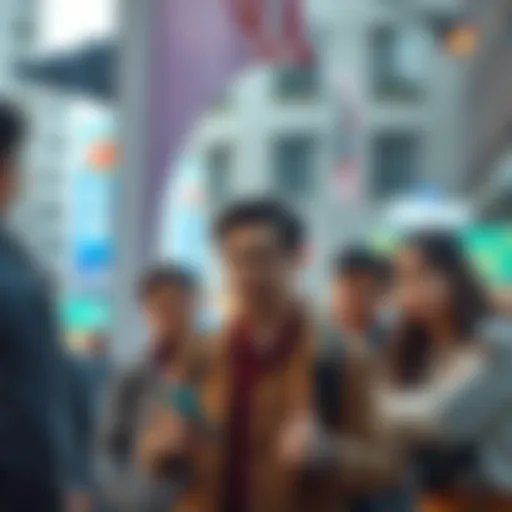 A group of people looking unhappy while discussing their surroundings in an urban setting.