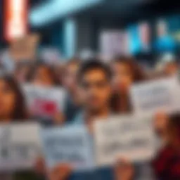 People facing global challenges A group of diverse people looking concerned while holding signs about social issues, representing the severity of global challenges today.